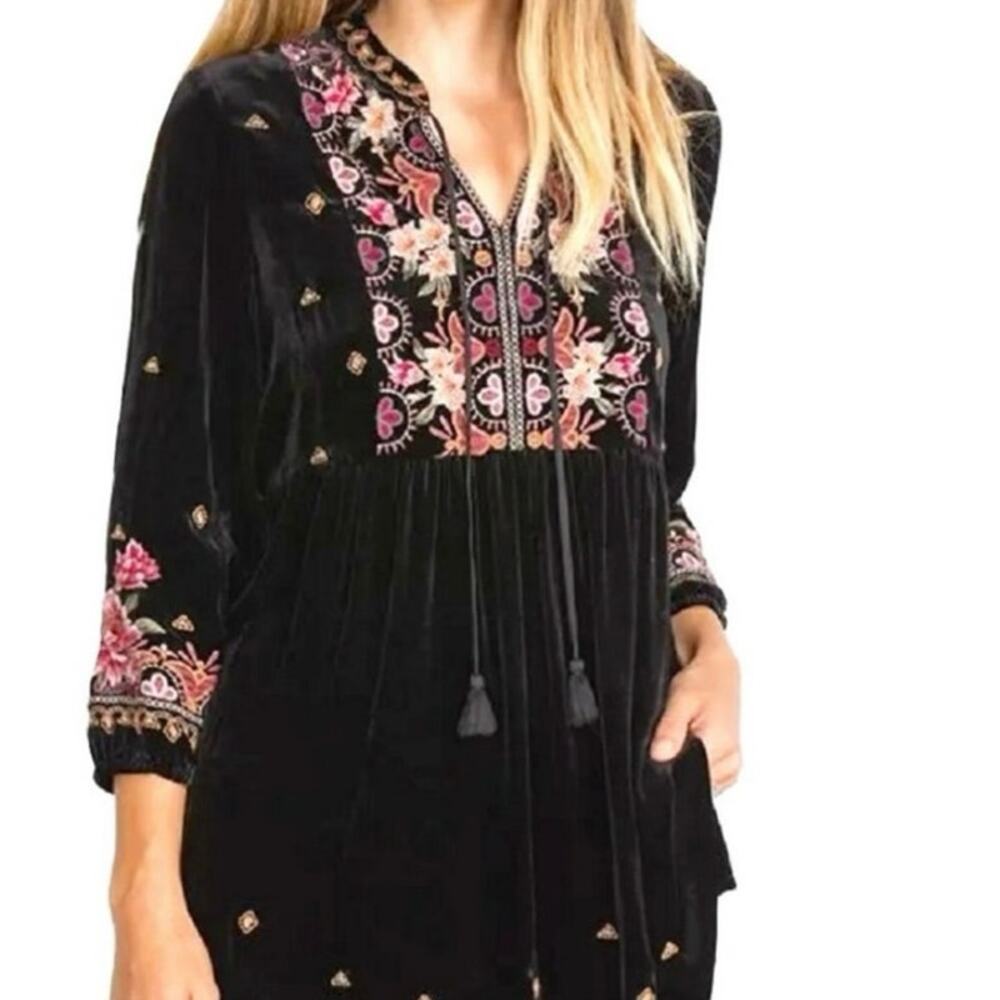 JOHNNY WAS Velvet JOANNA V-neck Mandarin Tunic Top Size XS Black